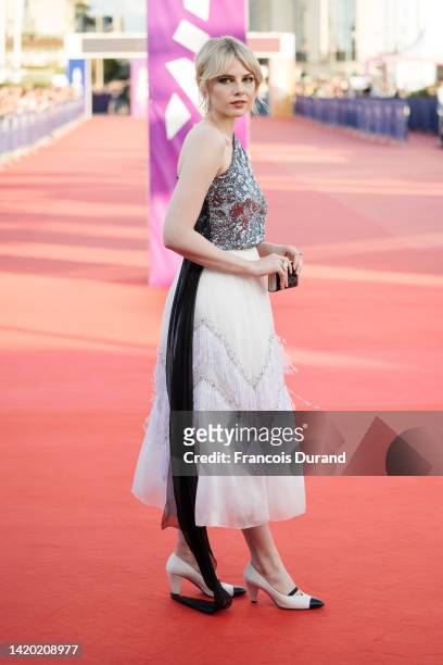Lucy Boynton arrives at the opening ceremony during the 48th Deauville American Film Festival on September 02, 2022 in Deauville, France.