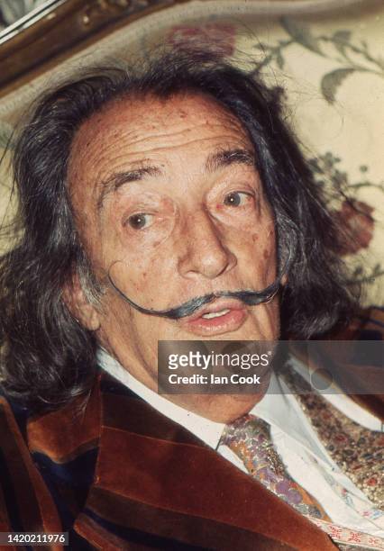 Close-Up of Spanish-Catalan Surrealist artist Salvador Dali at le Meurice hotel, Paris, France, 1972. Dali was a regular guest of the hotel for over...