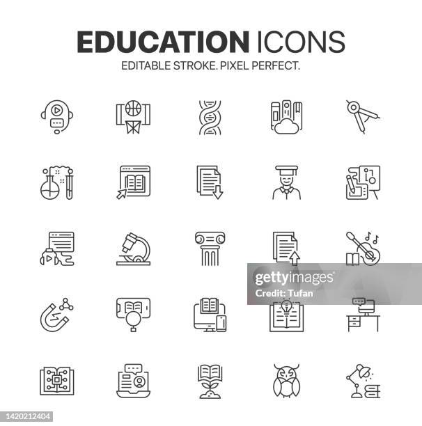 legen sie die symbole "bildung" und "schulanfang" fest. symbolsatz für lernen, lektion, kurs und online-bildung - rechtschreibung stock-grafiken, -clipart, -cartoons und -symbole