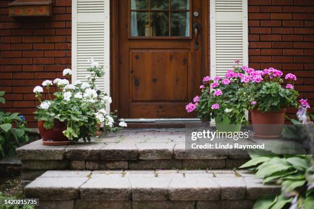 flower pot on a porch - threshold stock-fotos und bilder