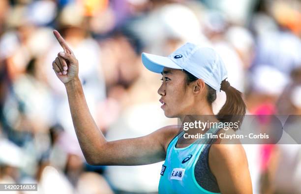 September 02: Shuai Zhang of China celebrates her victory against Rebecca Marino of Canada on Court Five in the Women's Singles third round match...