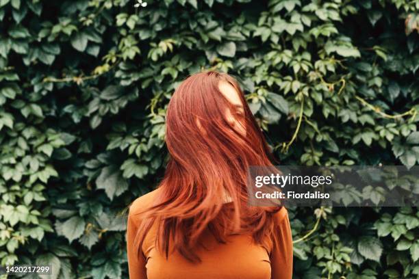 teenage girl in front of a green hedge, obscured face by flowing red hair - obscured face stock-fotos und bilder