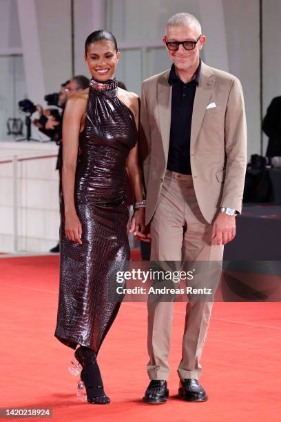 Tina Kunakey and Vincent Cassel attend the Netflix film "Athena" red carpet at the 79th Venice International Film Festival on September 02, 2022 in...