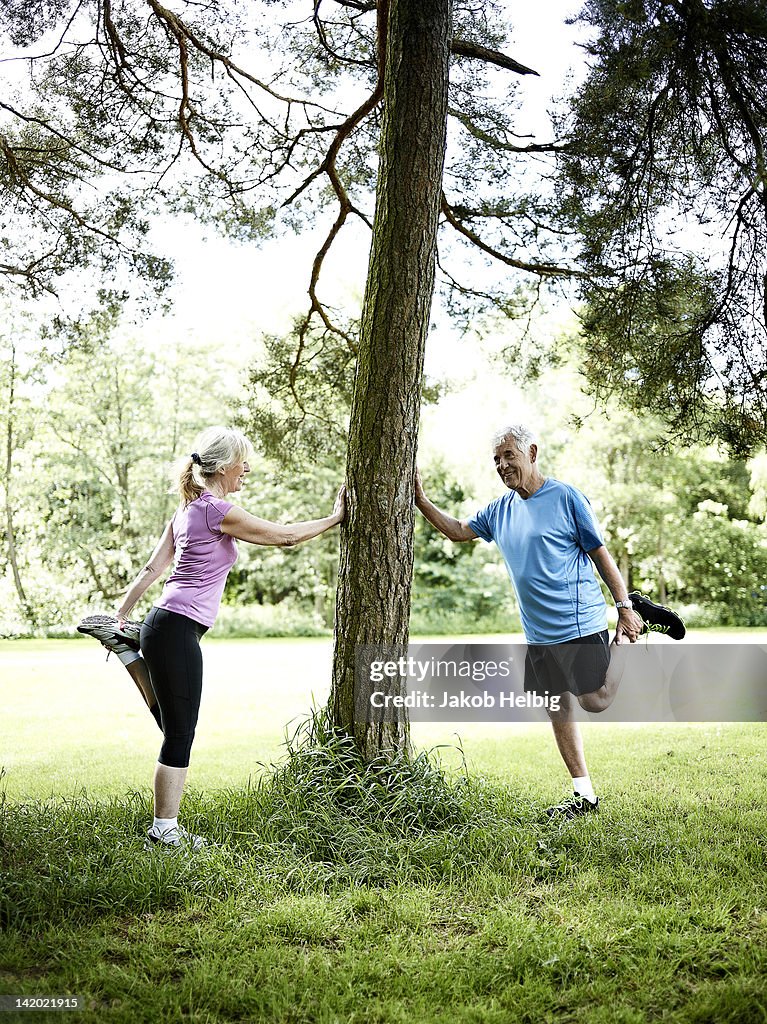 Older couple stretching against tree