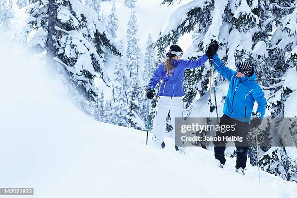 skiers high-fiving on snowy mountain - seattle winter stock pictures, royalty-free photos & images