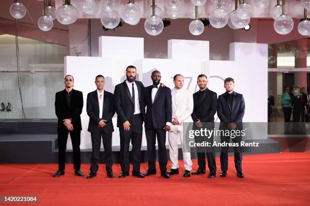 Sami Slimane, Ouassini Embarek, Director Romain Gavras, Ladj Ly, Alexis Manenti, Dali Benssalah and Anthony Bajon attend the Netflix film "Athena"...