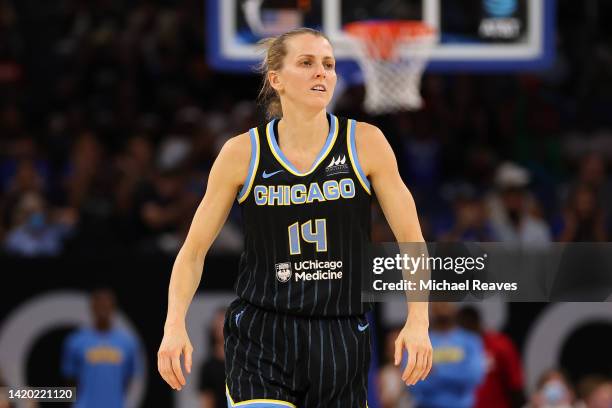 Allie Quigley of the Chicago Sky reacts against the Connecticut Sun during the first half in Game Two of the 2022 WNBA Playoffs semifinals at...