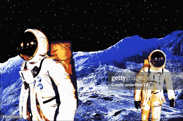 astronauts on the moon - rocket landing stock illustrations