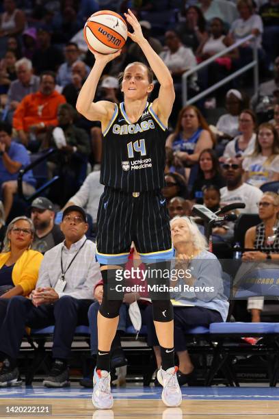 Allie Quigley of the Chicago Sky shoots a three pointer against the Connecticut Sun during the first half in Game Two of the 2022 WNBA Playoffs...