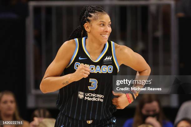 Candace Parker of the Chicago Sky celebrates a basket against the Connecticut Sun during the second half in Game Two of the 2022 WNBA Playoffs...