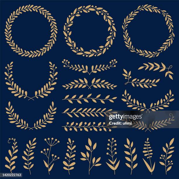 hand drawn plants, dividers, wreaths - gold floral pattern stock illustrations