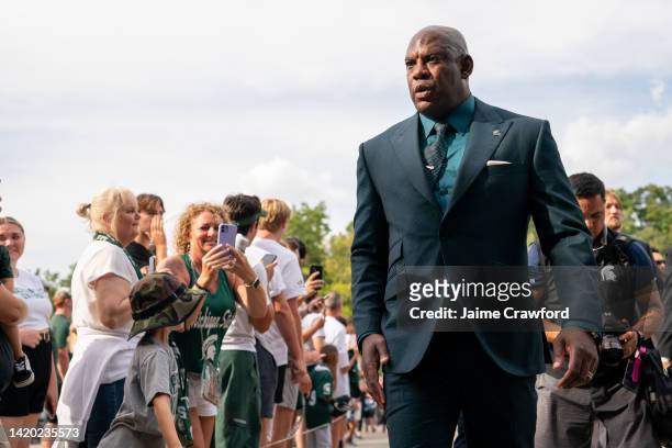 Head Coach Mel Tucker of the Michigan State Spartans enters before the game against the Western Michigan Broncos at Spartan Stadium on September 2,...