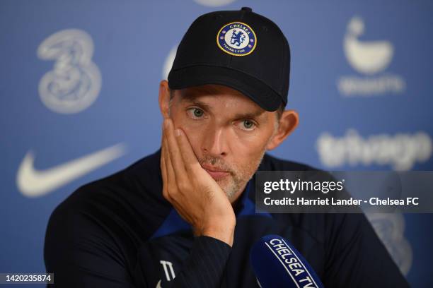 Thomas Tuchel, Manager of Chelsea speaks to media during a Chelsea Press Confat Chelsea Training Ground on September 02, 2022 in Cobham, England.