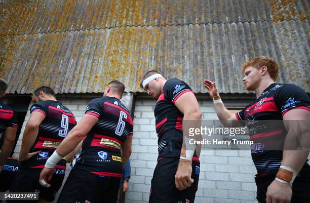 Players of Cornish Pirates make their way out ahead of the Pre-season friendly match between Cornish Pirates and Exeter Chiefs at Mennaye Field on...