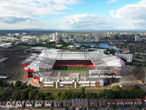 An aerial view of Old Trafford stadium, home of Manchester United Football Club on August 31, 2022 in Manchester, England.