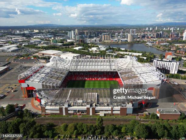 An aerial view of Old Trafford stadium, home of Manchester United Football Club on August 31, 2022 in Manchester, England.