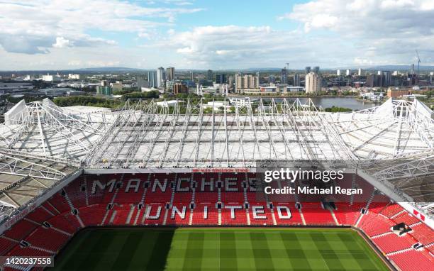 An aerial view of Old Trafford stadium, home of Manchester United Football Club on August 31, 2022 in Manchester, England.