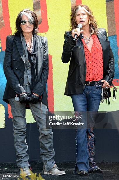 Joe Perry and Steven Tyler attends Aerosmith Press Conference at The Grove on March 28, 2012 in Los Angeles, California.