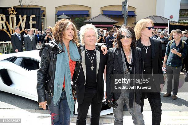 Steven Tyler, Joey Kramer, Joe Perry and Tom Hamilton attends Aerosmith Press Conference at The Grove on March 28, 2012 in Los Angeles, California.