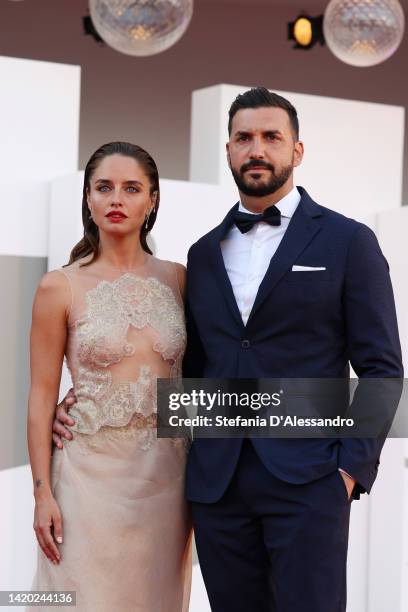 Matilde Gioli and Alessandro Marcucci attend the "Bones And All" red carpet at the 79th Venice International Film Festival on September 02, 2022 in...