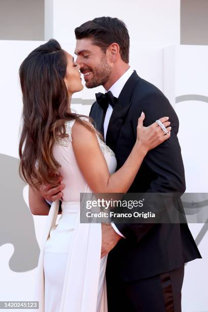 Ignazio Moser and Cecilia Rodriguez attends the "Bones And All" red carpet at the 79th Venice International Film Festival on September 02, 2022 in...