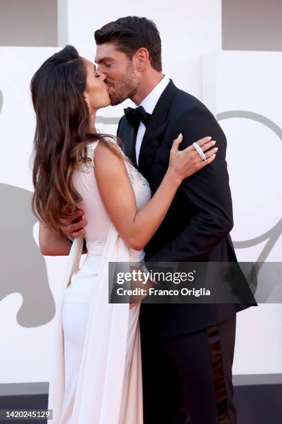 Ignazio Moser and Cecilia Rodriguez attends the "Bones And All" red carpet at the 79th Venice International Film Festival on September 02, 2022 in...