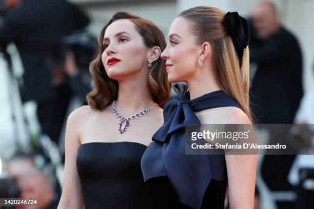 Maude Apatow and Sydney Sweeney attend the "Bones And All" red carpet at the 79th Venice International Film Festival on September 02, 2022 in Venice,...