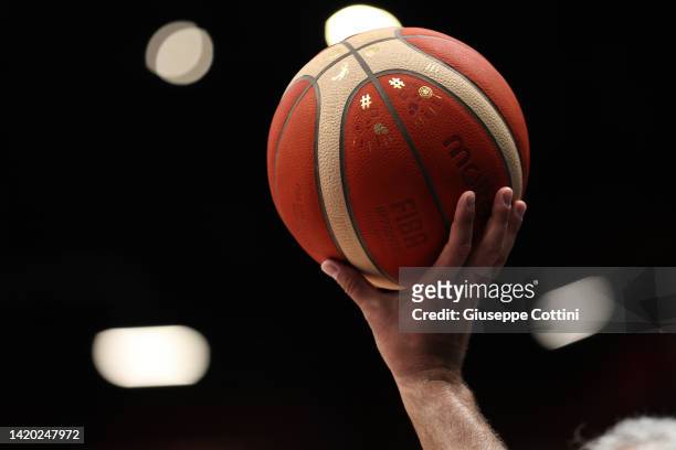 Molten match ball of EuroBasket 2022 is seen during the FIBA EuroBasket 2022 group C match between Ukraine and Great Britain at Mediolanum Forum on...