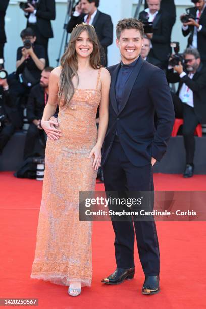 Barbara Palvin and Dylan Sprouse attend the "Bones And All" red carpet at the 79th Venice International Film Festival on September 02, 2022 in...