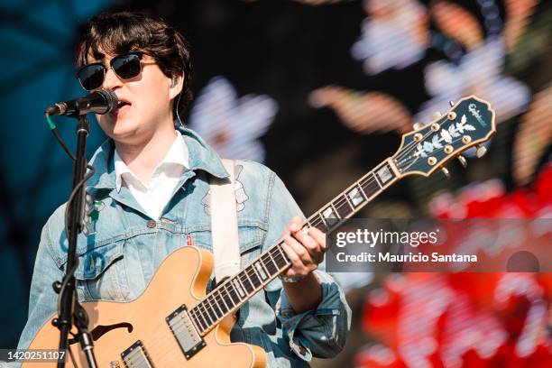 Ezra Koenig singer member of the band Vampire Weekend performs live on stage at Lollapalooza Brazil Festival on April 06, 2014 in Sao Paulo, Brazil.