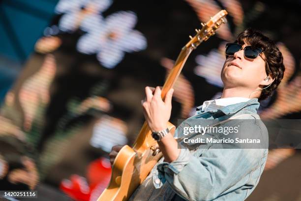 Ezra Koenig singer member of the band Vampire Weekend performs live on stage at Lollapalooza Brazil Festival on April 06, 2014 in Sao Paulo, Brazil.