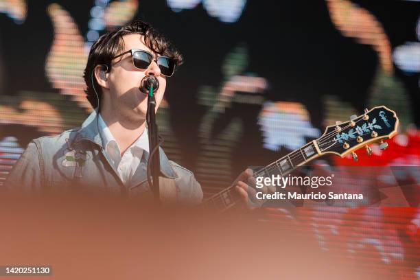 Ezra Koenig singer member of the band Vampire Weekend performs live on stage at Lollapalooza Brazil Festival on April 06, 2014 in Sao Paulo, Brazil.