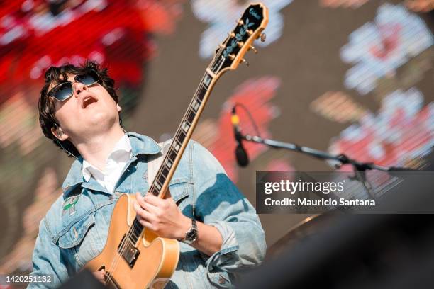 Ezra Koenig singer member of the band Vampire Weekend performs live on stage at Lollapalooza Brazil Festival on April 06, 2014 in Sao Paulo, Brazil.