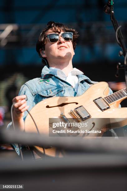 Ezra Koenig singer member of the band Vampire Weekend performs live on stage at Lollapalooza Brazil Festival on April 06, 2014 in Sao Paulo, Brazil.