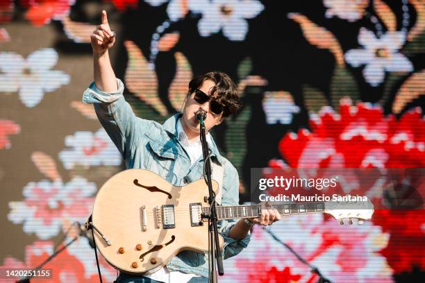 Ezra Koenig singer member of the band Vampire Weekend performs live on stage at Lollapalooza Brazil Festival on April 06, 2014 in Sao Paulo, Brazil.