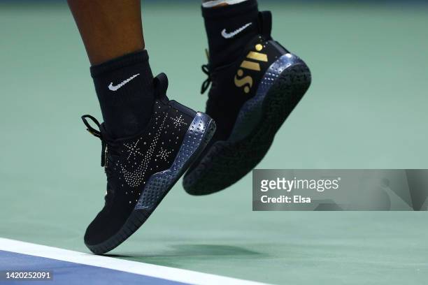 Detailed view of the shoes of Serena Williams of the United States prior to her Women's Singles Third Round match against Ajla Tomlijanovic of...