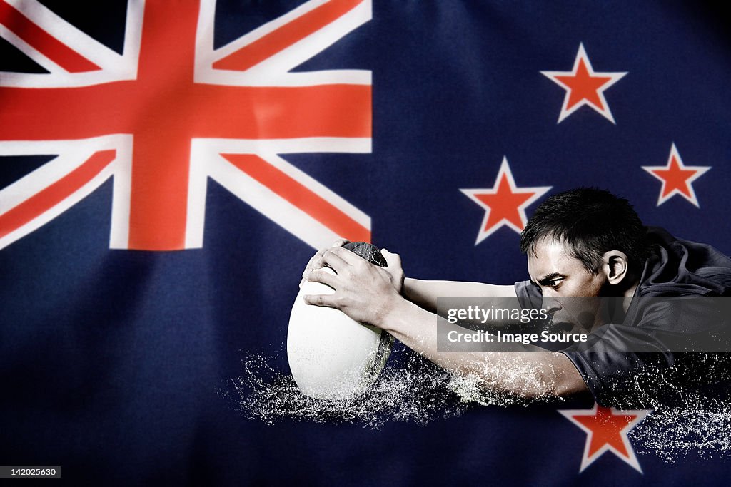New Zealand flag and rugby player