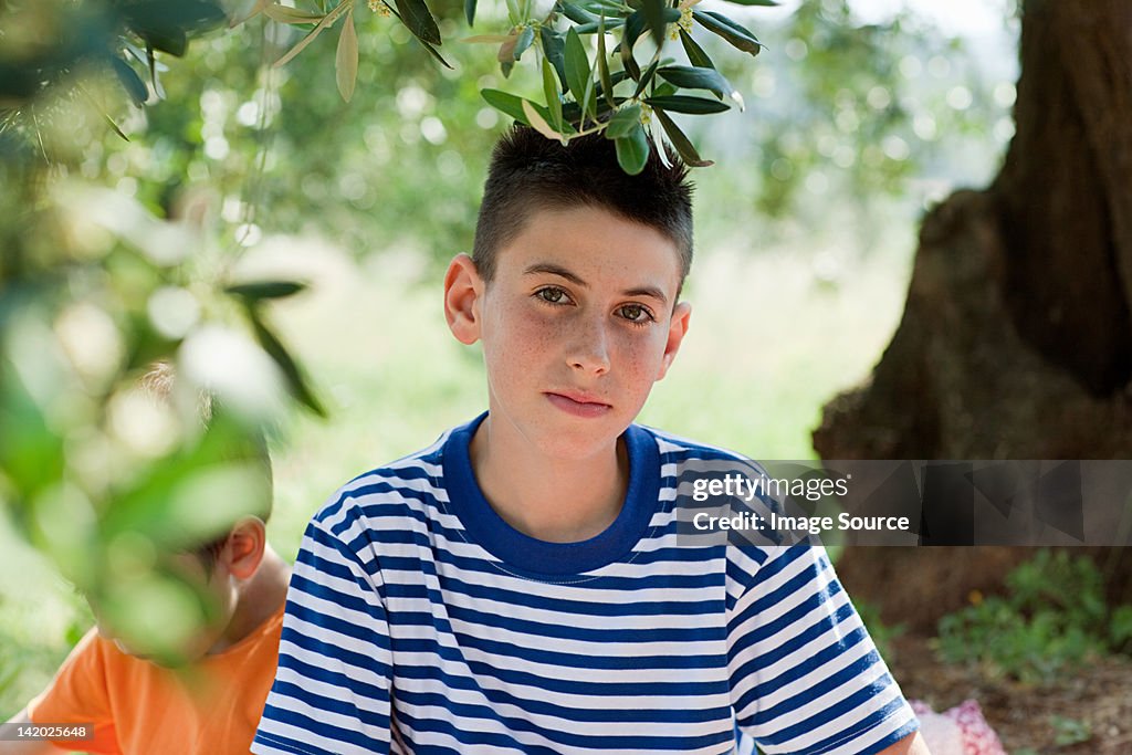 Boy wearing striped t shirt, portrait