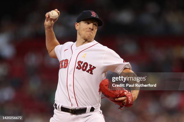 Nick Pivetta of the Boston Red Sox delivers a pitch during the first inning against the Texas Rangers at Fenway Park on September 02, 2022 in Boston,...