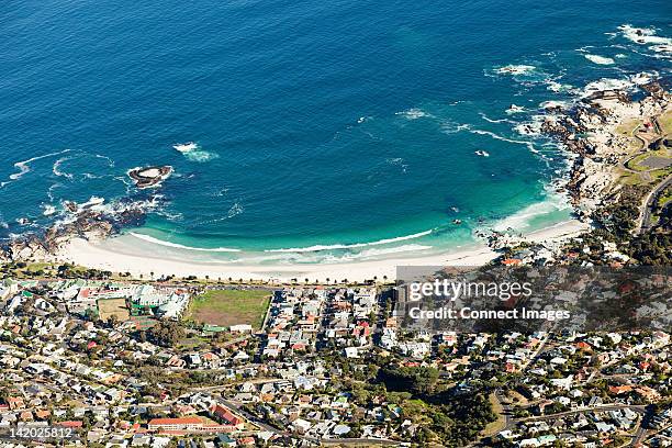 view down to beach of camps bay from top of table mountain, cape town, south africa - camps bay stock pictures, royalty-free photos & images