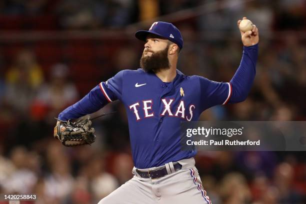 Dallas Keuchel of the Texas Rangers delivers a pitch during the second inning against the Boston Red Sox at Fenway Park on September 02, 2022 in...