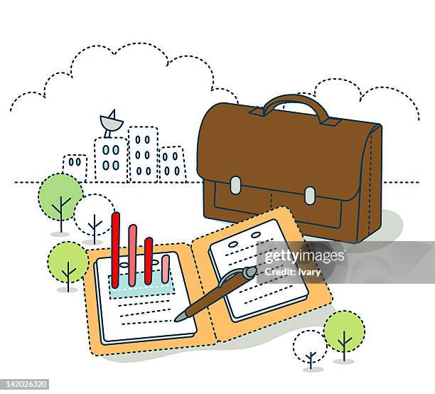 briefcase with buildings in background - satellite view stock-grafiken, -clipart, -cartoons und -symbole