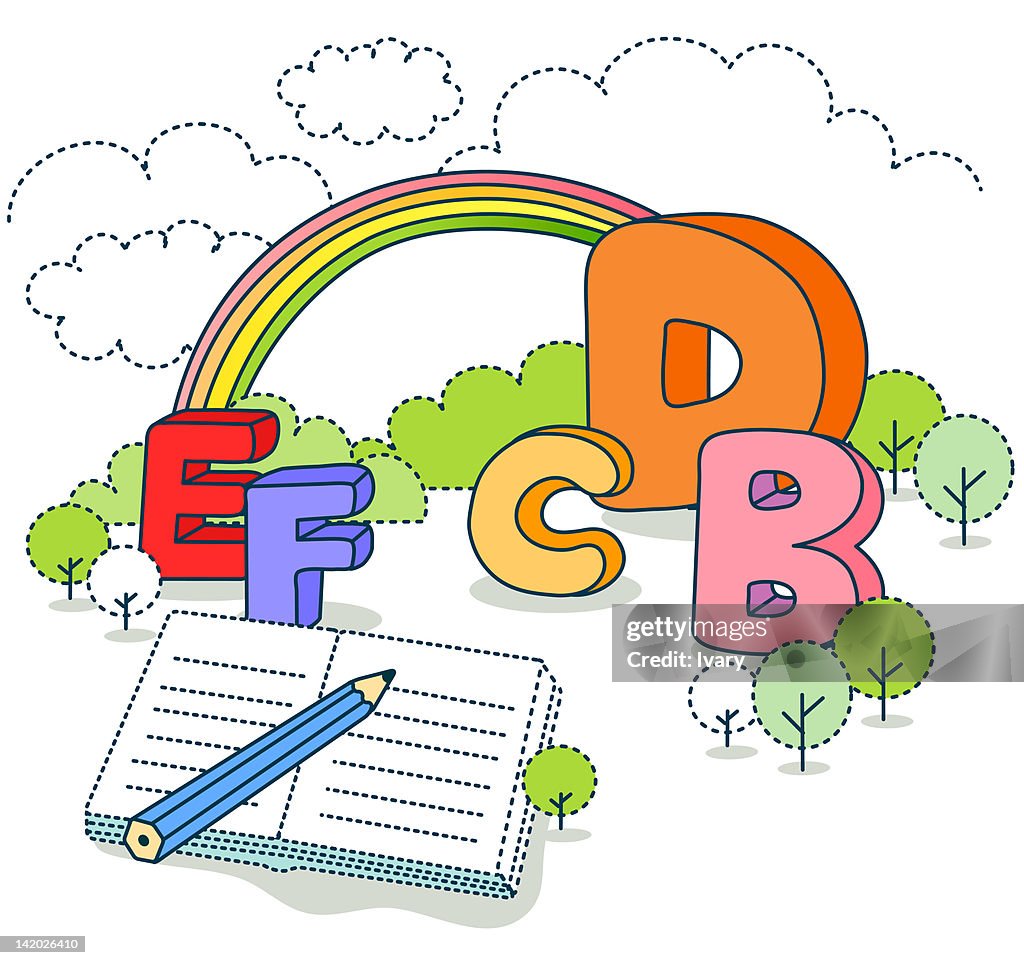 Illustration of school book with rainbow in the background