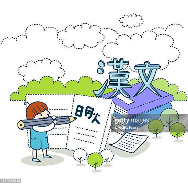 stockillustraties, clipart, cartoons en iconen met girl writing chinese script in a book - chinese script