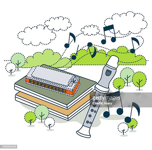 illustration of flute and harmonica with books - harmonica stock illustrations