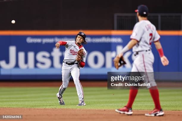 Abrams of the Washington Nationals throws to first base during the bottom of the sixth inning of the game against the New York Mets at Citi Field on...