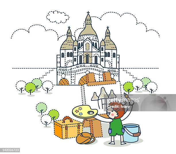 illustration of girl painting picture of sacre-coeur, montmartre, paris - coeur stock illustrations