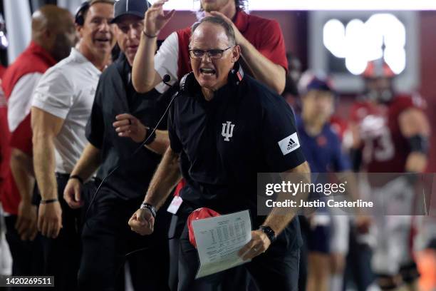 Head Coach Tom Allen of the Indiana Hoosiers reacts to a play during the second quarter in the game against the Illinois Fighting Illini at Memorial...