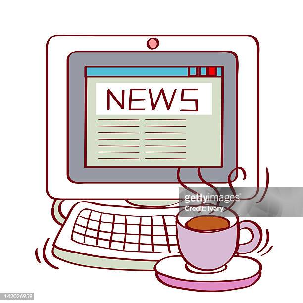 illustration of computer showing news with tea cup in foreground - word cup点のイラスト素材／クリップアート素材／マンガ素材／アイコン素材