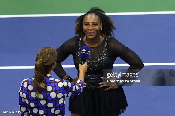 Serena Williams of the United States is interviewed after being defeated by Ajla Tomlijanovic of Australia during their Women's Singles Third Round...